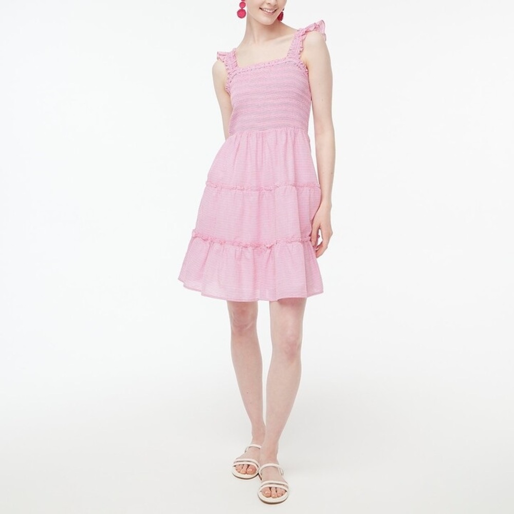 J Crew Factory Striped Smocked Tiered Mini Dress Medium Pink White NWT